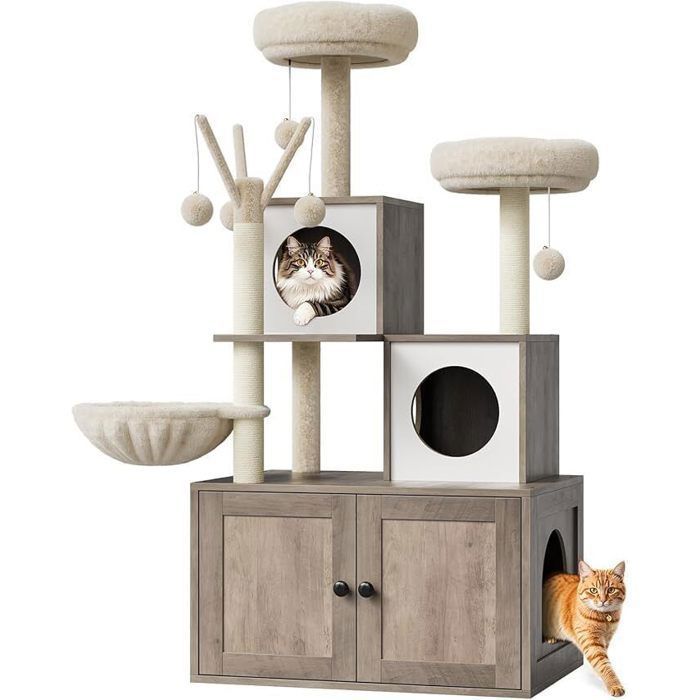 Meilleurs prix pour Arbre à chat avec armoire 146 cm de haut en bois avec griffoir balle griffoir et perchoir supérieur tout-en-un gris