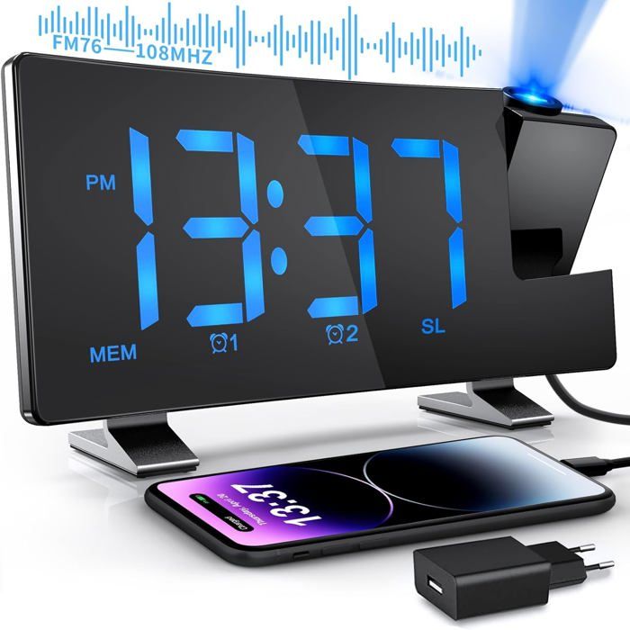 Radio Fm 32 Stations YUNYODA Radio Réveil Projection 180° - FM 32 Stations - Double Alarme - Charge USB - Écran LED 7 Réveil Digital LED 7 Pouces