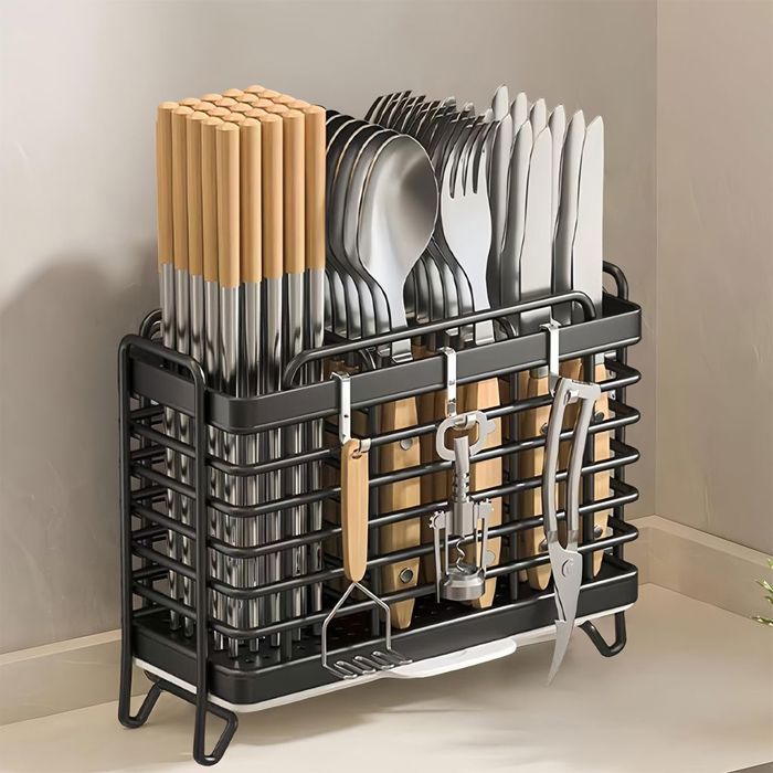 Porte-ustensiles De Cuisine En Acier Inoxydable - Organisateur Pour Cuillères, Fourchettes, Baguettes - Égouttoir Et Support De Rangement
