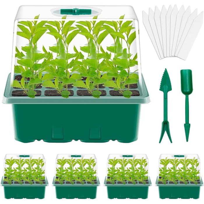 Mini Serre Pour Semis – 5 Bacs à Semis 60 Cellules – Kit Germination Avec étiquettes Et Outil