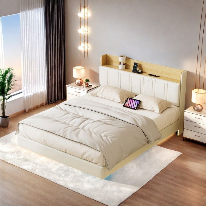 Lit flottant 140x200 cm lit rembourré avec LED et USB cadre de lit avec sommier lit double lit capitonné pour adulte/ado PU noir - Maison