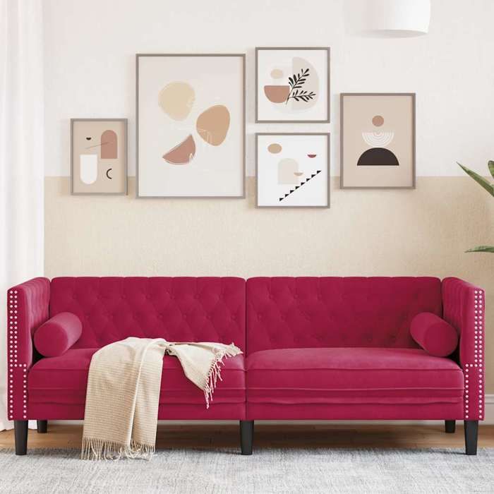 Canapé Chesterfield 3 places velours - vidaXL - Rouge bordeaux - 194x74.5x70.5 cm - Velours - Siège 178 cm