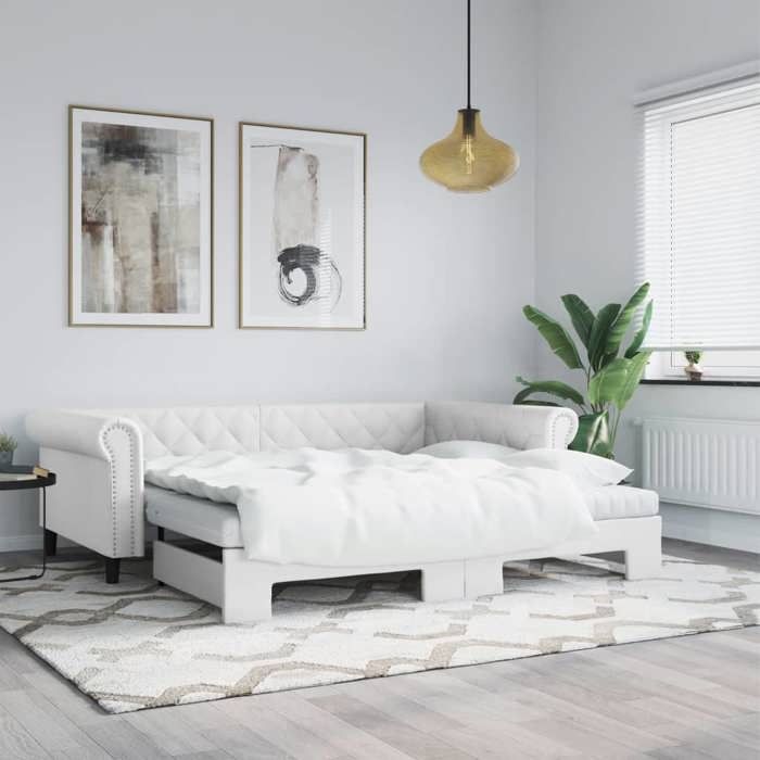 Lit de jour avec lit gigogne - vidaXL - Similicuir - Blanc - 90x200 cm - Matelas en mousse - 235x100x68 cm