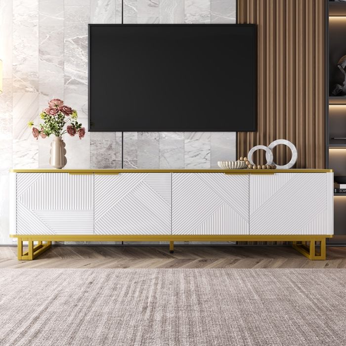 Meuble TV avec 4 Portes Design Unique Texture Géométrique Meuble Bas avec Poignées Dorées et Pieds Dorés160 x 37.5 x 48