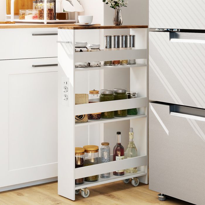 GIANTEX Desserte de Cuisine Étroit à Roulettes- 475x13x805cm- Station de Charge- Chariot de Service à 4 Niveaux- Blanc + Brun