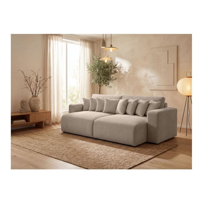 Canapé droit 4 places JADE double méridienne et assise profonde en velours côtelé - Taupe