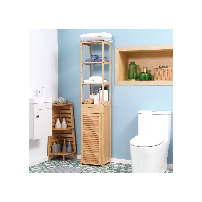 Meuble de salle de bain - LANGTU - Kleankin - Bambou naturel - 3 compartiments & tiroir - Kit anti-basculement