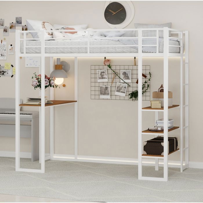 Lit enfant surélevé 90 × 190 en métal blanc avec bureau en L et échelle