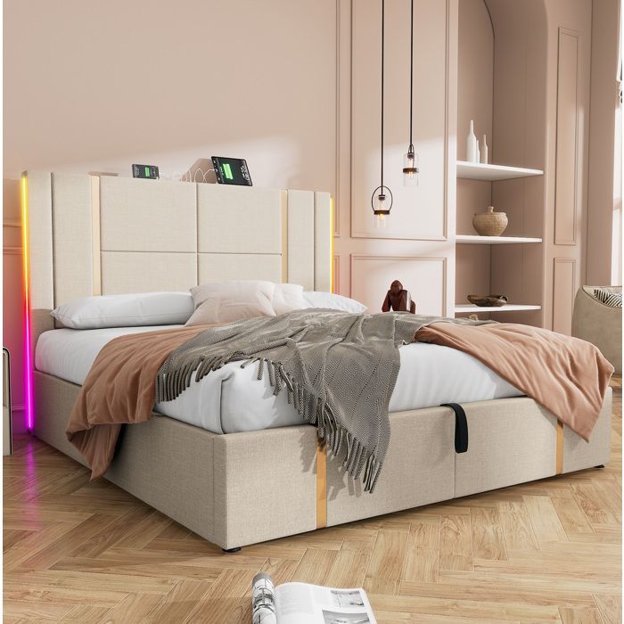 Lit double 180 × 200 cm en lin beige avec LED USB-C et coffre
