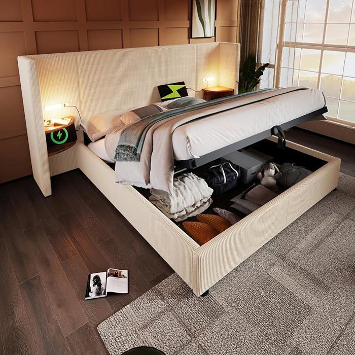 Lit 160x200 avec sommier coffre hydraulique table de nuit intégrée lampe lecture et port USB-C bois massif et m STRUCTURE DE LIT