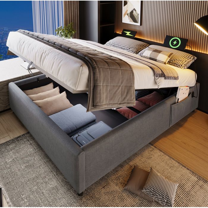 Lit coffre gris 140×200 cm USB-C intégré sommier plein inclus sans matelas structure solide