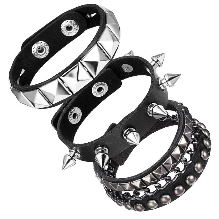 Bracelet clous cuir punk - 3 pièces Noir - Manchette réglable gothique années 80 homme femme - Bijou Aucunely