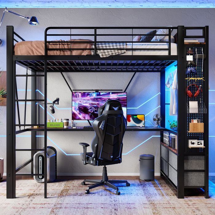 Lit mezzanine - KOMHTOM - 90 x 200 cm - Bureau intégré - 4 tiroirs & étagères - LED avec USB/USB-C