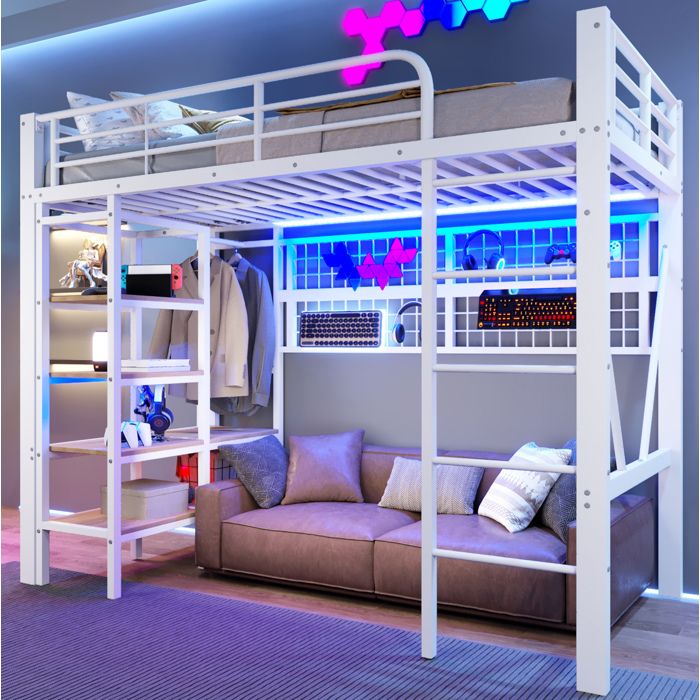 ULEVR Lit mezzanine 90 x 200 cm en métal et MDF blanc avec LED rangement tringle sans matelas