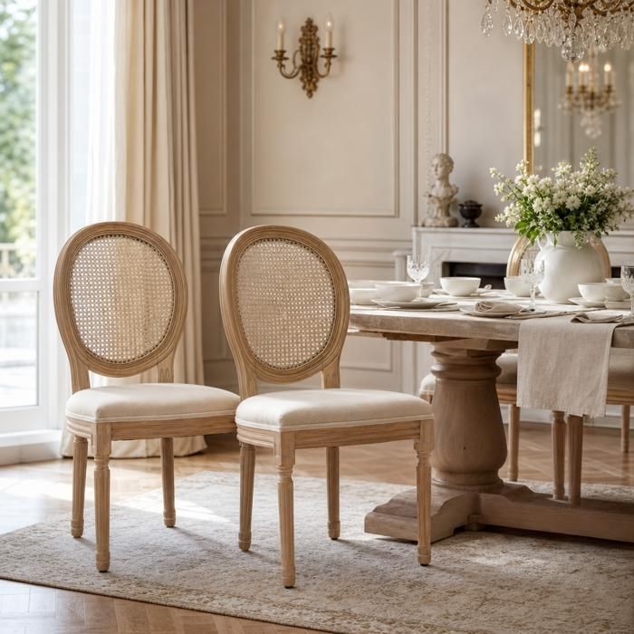 Chaise style français cadre bois massif toile lin dossier rotin lot 2 crème beige