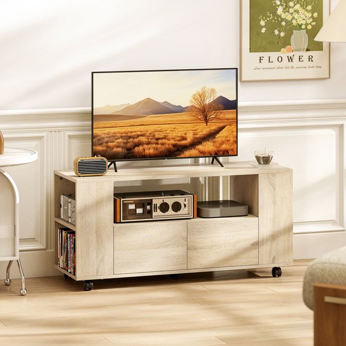 Meuble TV sur roulettes 102 cm meuble télé pour téléviseur jusquà 42 pouces 2 tiroirs compartiments ouverts naturel