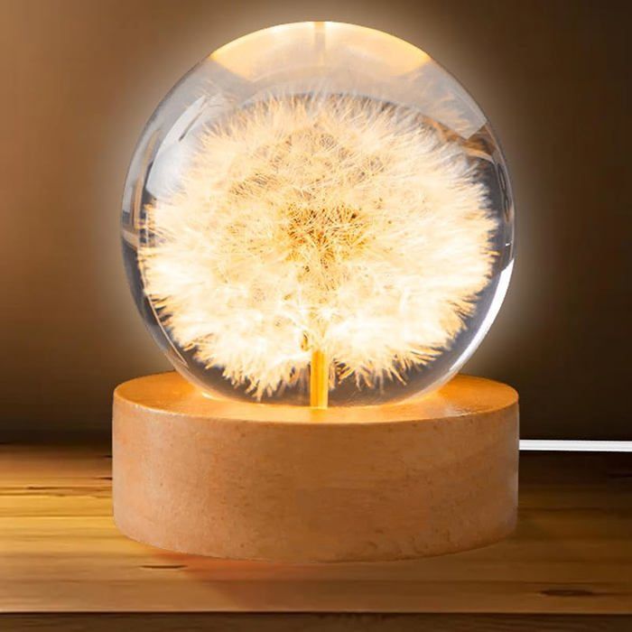 Veilleuse en boule de cristal de 6 cm - Veilleuse fleur de pissenlit - Boule de verre - Lampe de nuit avec socle en bois VEILLEUSE