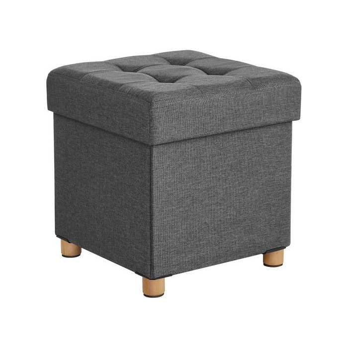 Pouf de rangement pliable gris foncé avec assise capitonnée et pieds en bois