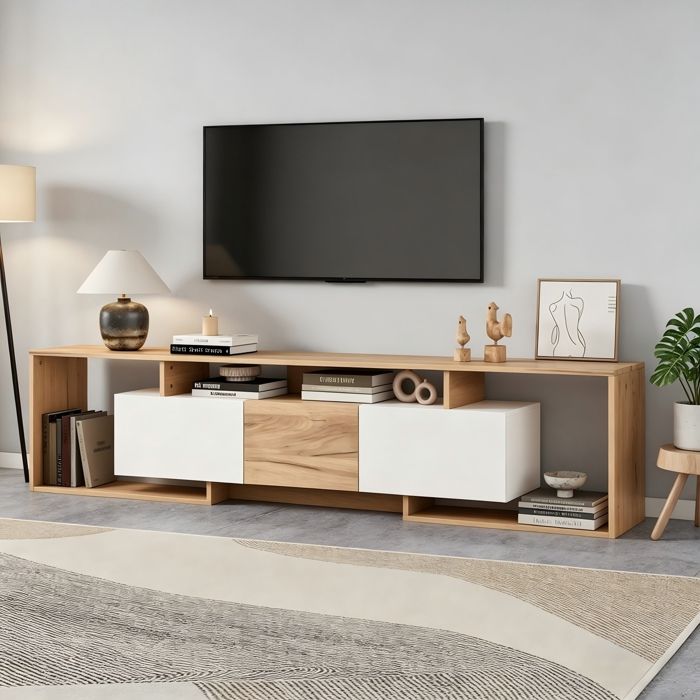 Meuble TV Meuble Tele avec 2 Portes Pliantes 1 Porte 3 Espaces de Rangement Ouverts pour Télé de Jusquà 85 Pouces 180x30x49cm