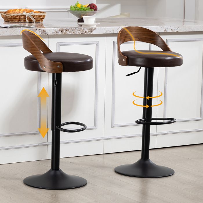 MEUVYX Lot de 2 Tabourets de Bar Pivotants à 360 Degrés Réglables en Hauteur avec Dossier en PU Marron