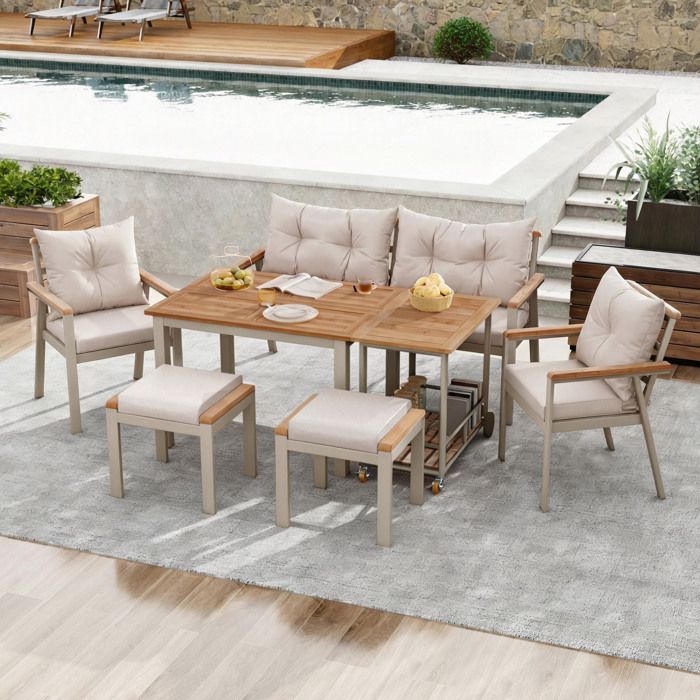WOVREO Ensemble table et chaises de jardin 6 places en bois dacacia métal desserte amovible à roulettes