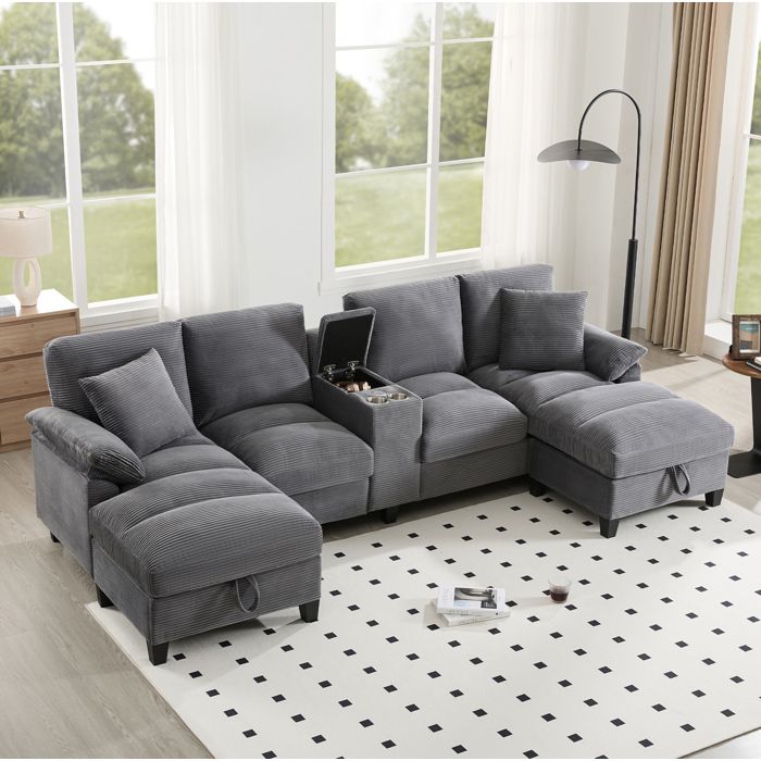 Canapé modulable en U AESVAR 4 places velours côtelé gris rangement intégré 2 USB et 2 coussins