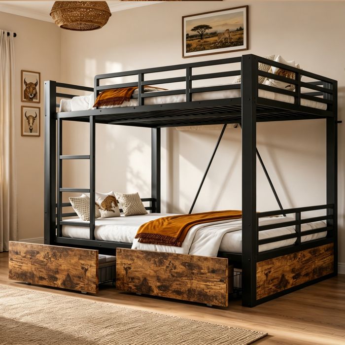 Lit superposé en métal 140x200 cm avec 2 tiroirs lit denfant avec barrières de protection - lattes inclus - noir (sans matelas)