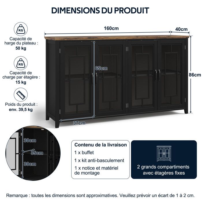 Buffet de cuisine 160 cm sideboard 4 portes vitrees avec plateau aspect bois 2 grands rangements MDF noir ORVRYN