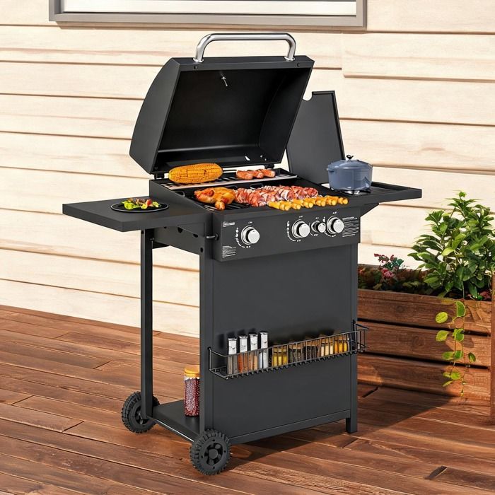 Barbecue gaz extérieur 3+1 brûleurs acier noir surface 2320 cm² 9 couverts