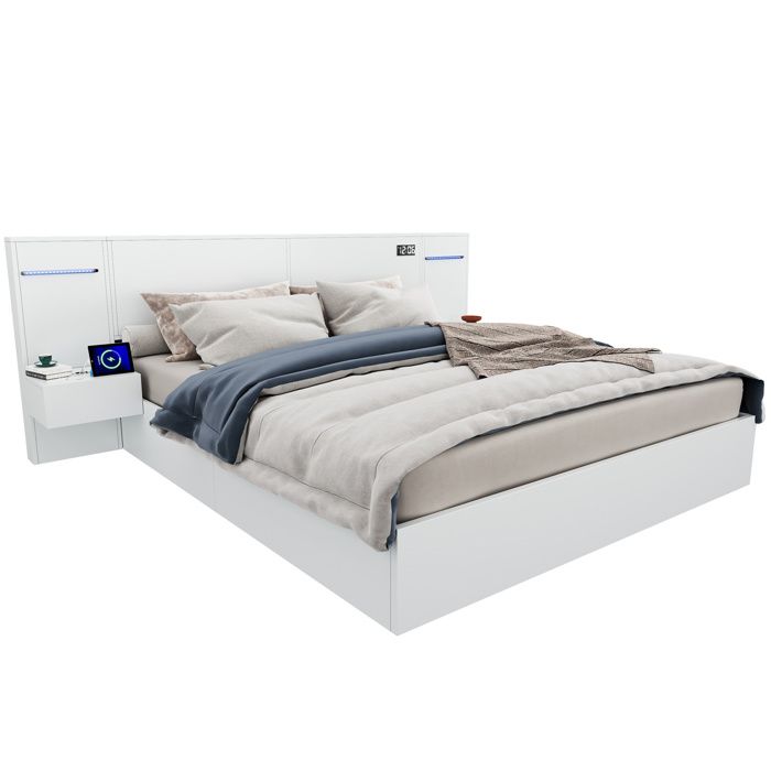 Lit double 180 x 200 cm blanc en MDF LED USB-A et USB-C horloge électronique Bluetooth 2 tables de chevet sommier inclus