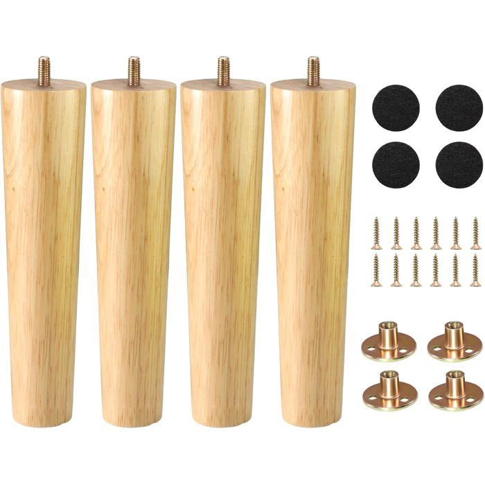 Pieds de meuble en chêne 20 cm – lot de 4 avec plaque antidérapante et boulon M8 pour tables canapés lits TV chaises armoires
