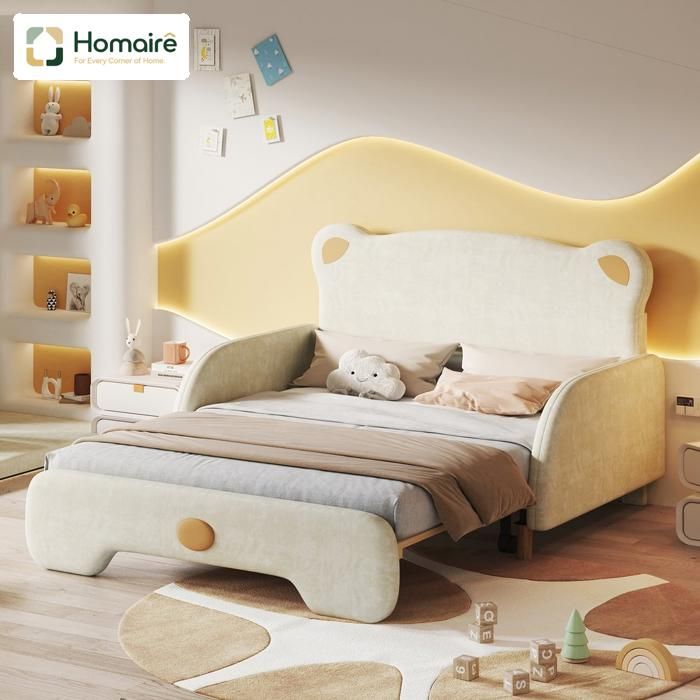 Lit double rembourré en forme dours aux bords doux lattes en bois canapé-jour pour enfants HOMAIRE simili daim beige
