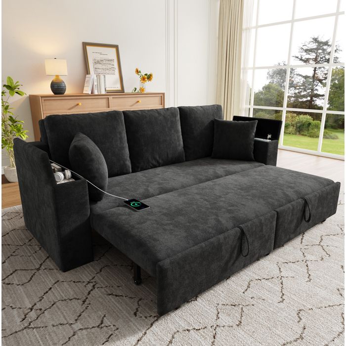 WUVRIE Canapé convertible 3 places 3-en-1 en chenille grise rangement intégré USB et Type-C