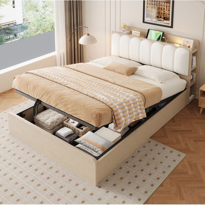 Lit coffre 2 places 140×200 cm hydraulique rangements intégrés USB et lampe - BEAUNIV - sans matelas bois - beige