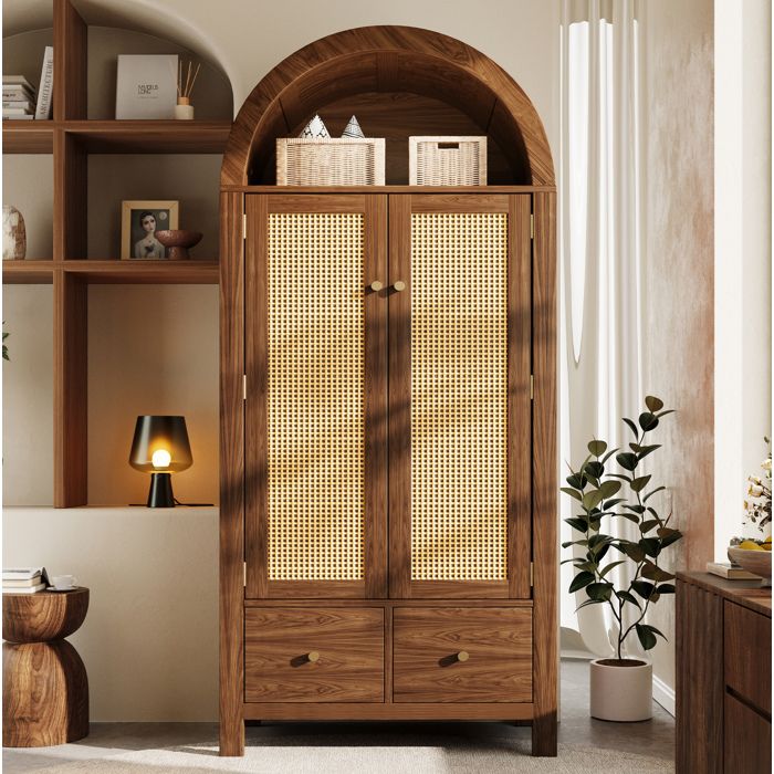 WUVRIE Armoire penderie 78 x 45 x 181 cm finition noyer 2 portes 2 tiroirs cannage rotin