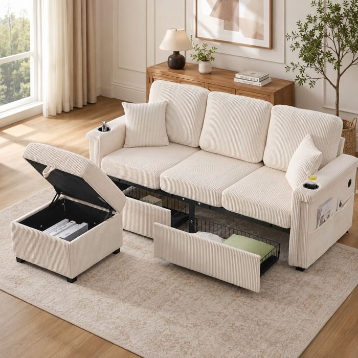 Canapé 4 Places avec LED USB-C Porte-Gobelets Rangements et Pouf Coffre Beige en Velours Côtelé