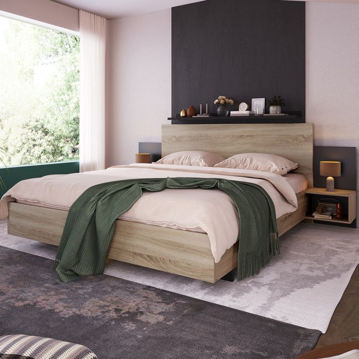 Lit double 160 x 200 cm AESVAR avec 2 tables de chevet integrees sommier a lattes bois et gris fonce