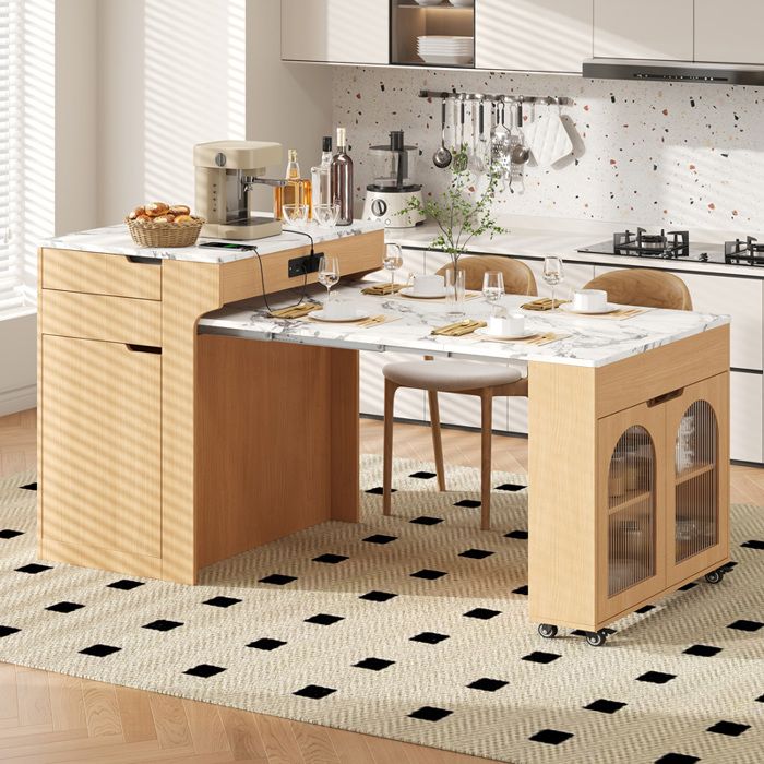 Îlot de cuisine 80x562x93 cm avec table extensible roulettes prises portes en verre cannelé 2 tiroirs effet bois naturel