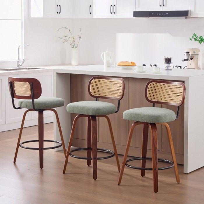 Lot de 3 Tabourets de Bar Pivotants 66cm Chaises de Bar en Rotin et Noyer Siège Rembourré en Lin Vert avec Repose-pieds