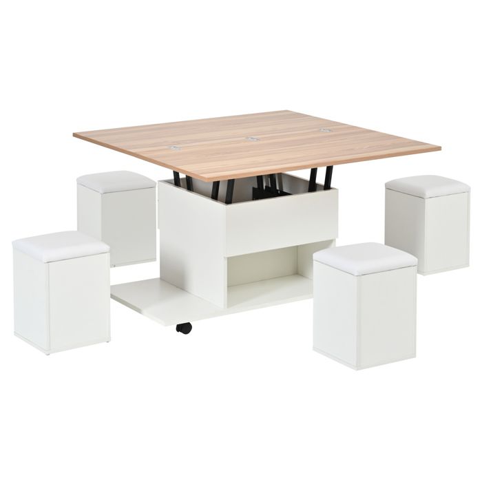 Table basse relevable 3-en-1 avec 4 tabourets – Blanc et bois naturel – 100 x 50 cm