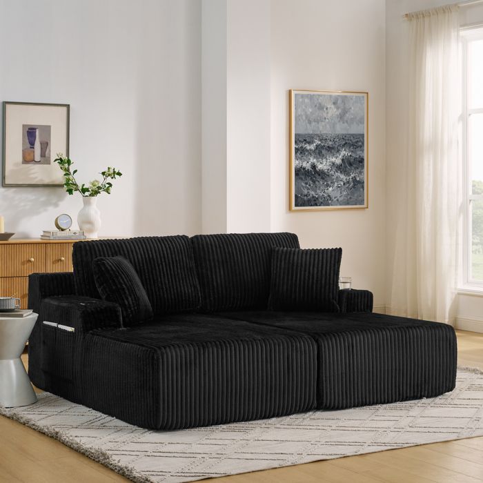 Canapé-lit relax à 2 places fauteuil lounge tissu en cale molle avec poche latérale porte-boissons et coussins adapté
