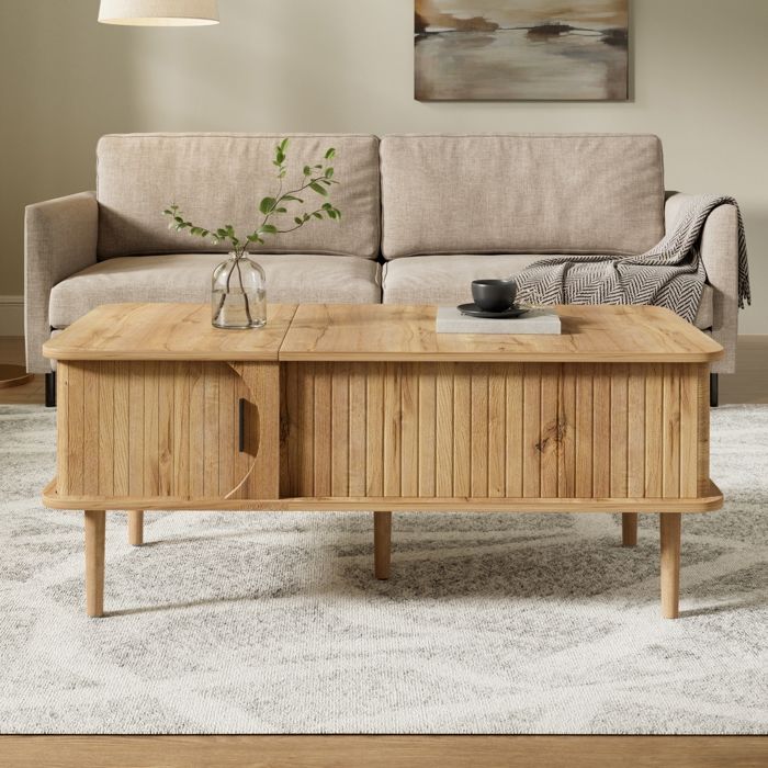 Table basse plateau relevable meuble de séjour multifonction avec façade coulissante aspect bois naturel pieds bois massif 100x48cm