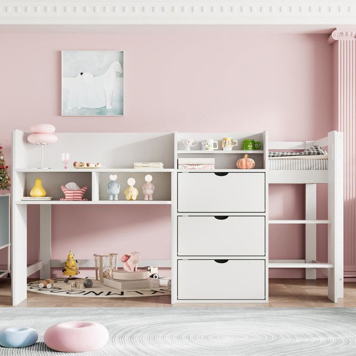 Lit mezzanine 90x200cm Lit mi-hauteur lit simple avec tiroirs et étagères lit enfants avec Sommier à lattes et échelle pin blanc
