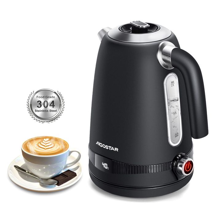 Aigostar Loki - Bouilloire 0% BPA en acier inoxydable. 1.7L 2200W. 7 températures préréglées maintien au chaud écran LED.
