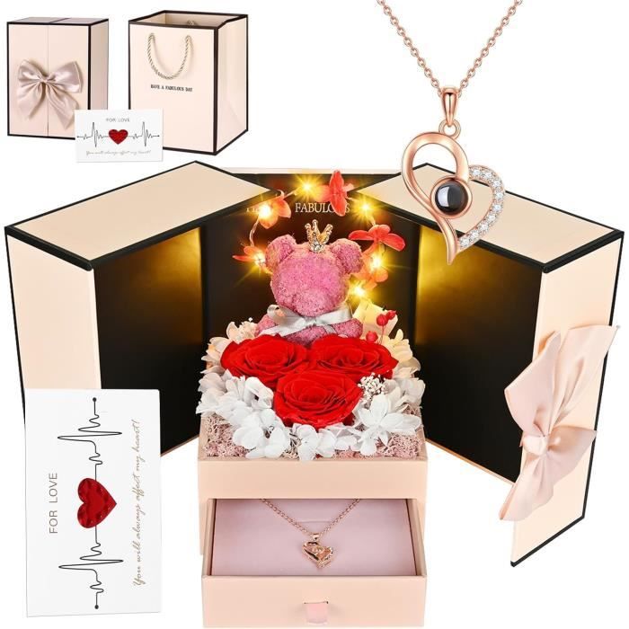 Rose Éternelle Avec Collier 'Je T'aime' En 100 Langues - Cadeau Romantique Pour Femme, Maman, Saint-Valentin