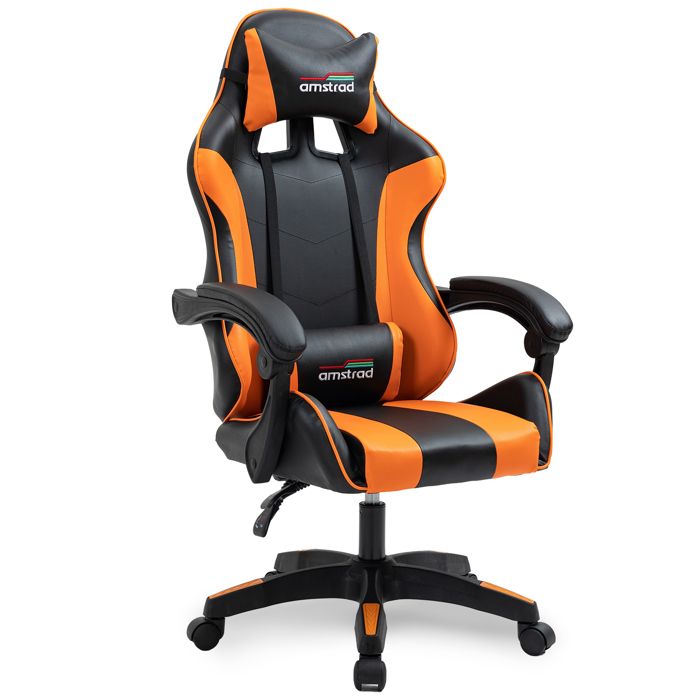 Fauteuil Gamer - AMSTRAD - AMS-800-ORANGE - Noir & Orange - Coussin Lombaire - Accoudoirs R?glables