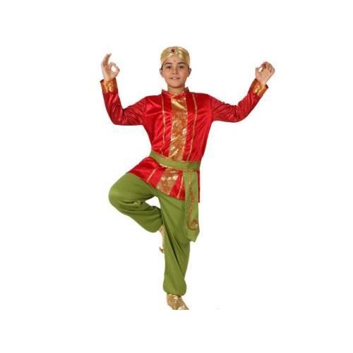 déguisement hindou garçon 10/12 ans - atosa - pantalon, tunique, ceinture et chapeau - rouge, doré et vert