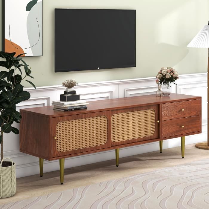 Meuble TV-Style moderne-2 tiroirs2 portes coulissantes en rotin-buffet bas Rangement Salon Chambre 160x40x60cm