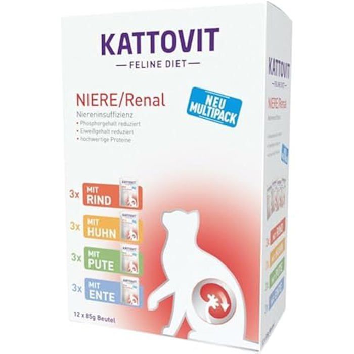 Aliment Complet diététique - Kattovit - Niere/Renal - 12 x 85 g - 4 Variétés - Protéines Réduites
