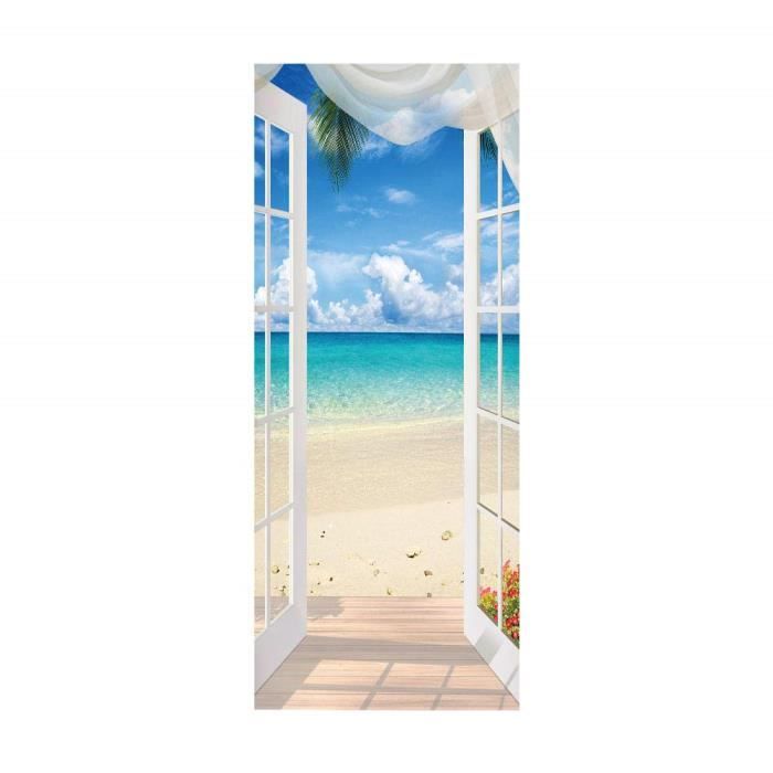 Oxiang Stickers Muraux 3D Vue Sur Mer - Autocollant Porte Paysage - 77x200cm - Amovible